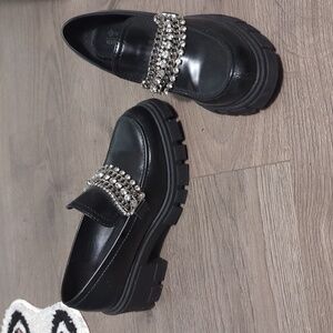 Black Chunky Rhinestone Loafers for Women